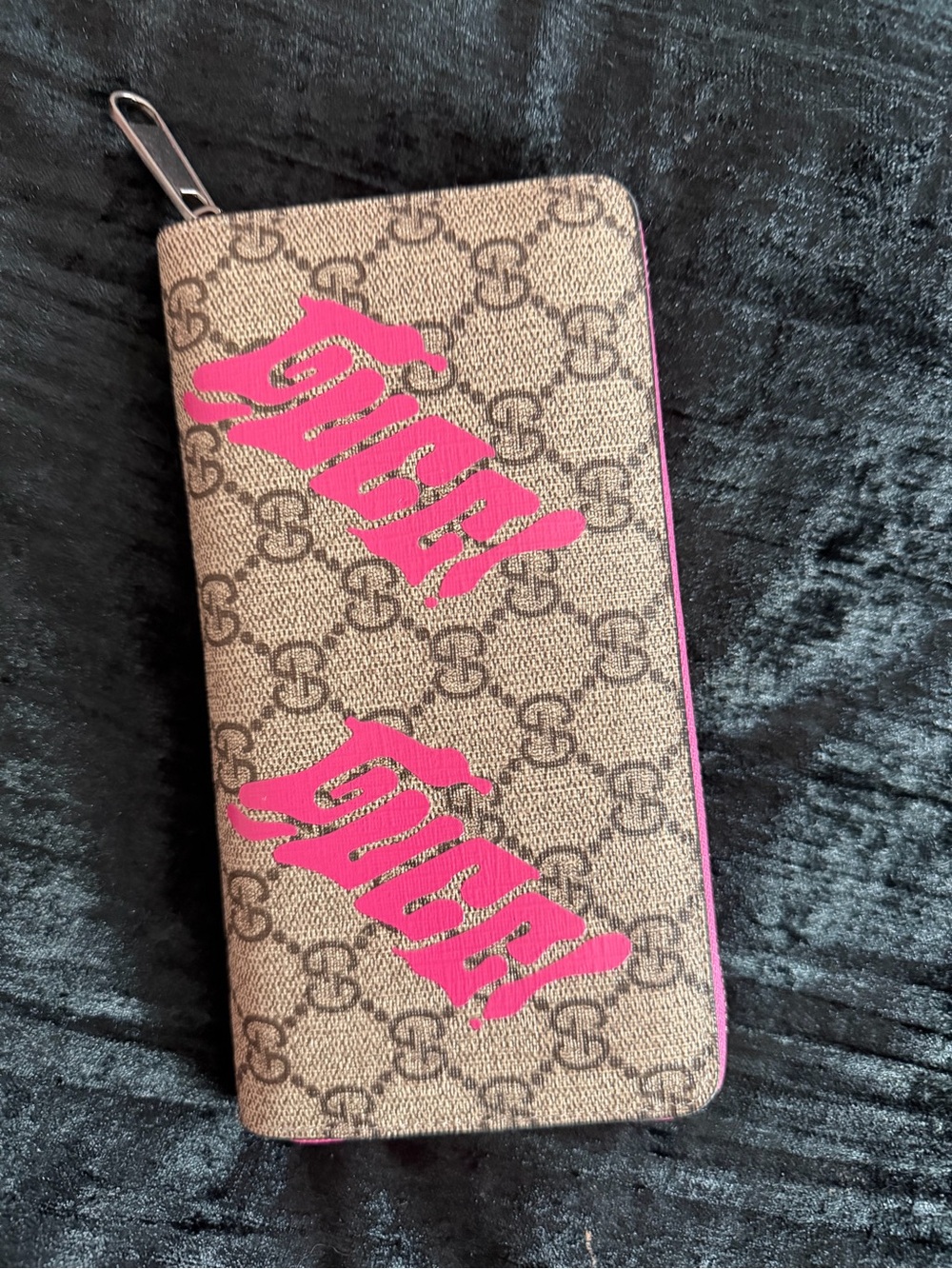 Gucci Beige GG Monogram Wallet with Hot Pink Script